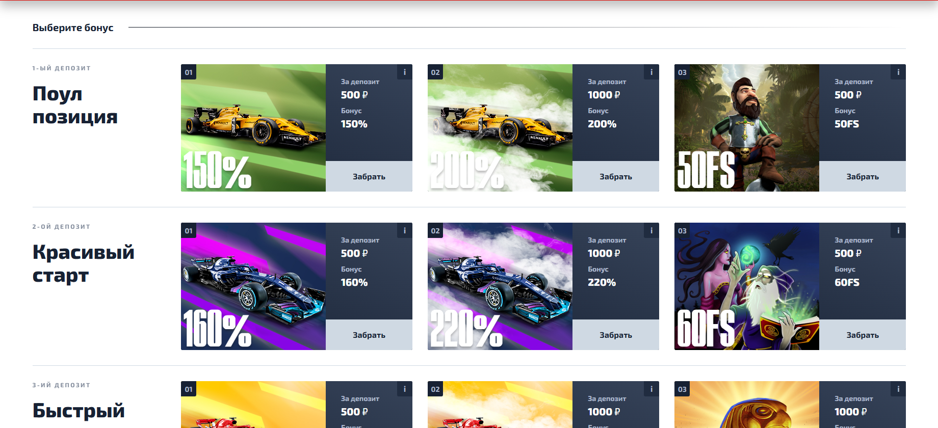 Сторінка бонусів та акцій F1 Casino